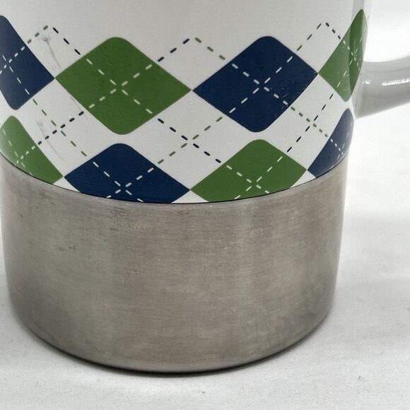 Starbucks 2006 White Green Blue Argyle Coffee Cup Mug Stainless Steel Base 14 Oz - Picture 3 of 9
